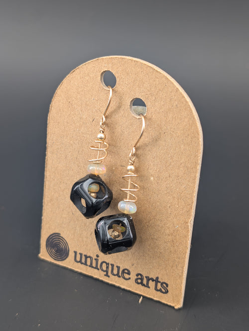 Agnes- Black Onyx & White Ethiopian Opals Earrings